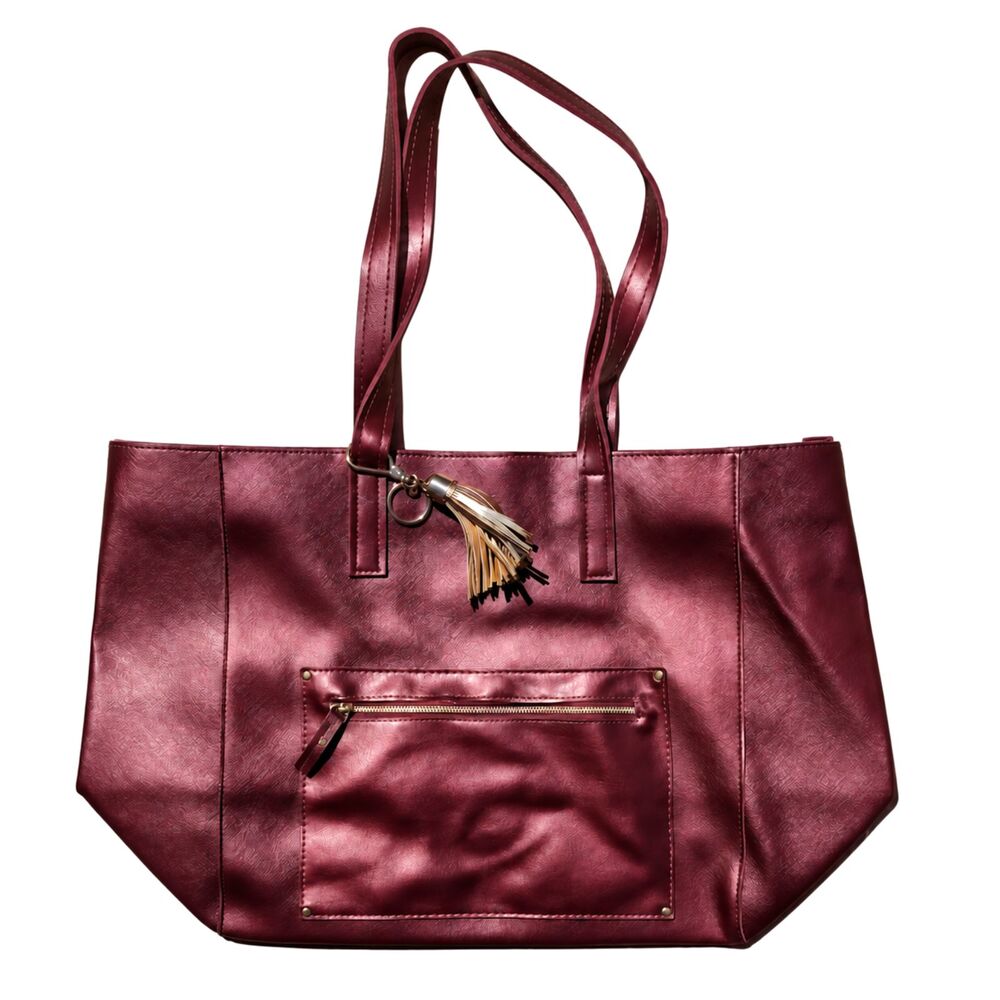 Women’s Burgundy Faux Leather Large Tote Shoulder Bag Zip Top Tassel Pocket